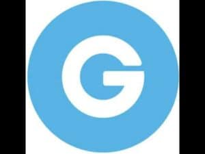 A blue and white logo with the letter g.