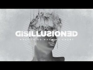 A grayscale image of a statue-like head with a distorted, abstract top. The word "DISILLUSIONED" and the phrase "What to do when we doubt" are written across the image.