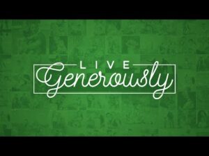 Green background with faint photos of people; bold white text in the center reads "Live Generously" with "Live" in uppercase and "Generously" in cursive script.