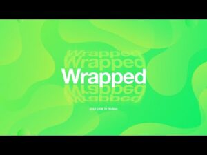 Green abstract background with the word "Wrapped" in large white text centered, and the phrase "your year in review" below it in smaller text.