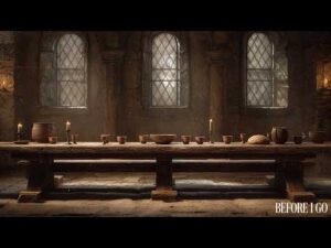 A long wooden table set with candles, bowls, bread, and cups sits in a dimly lit stone room with three arched windows. Text at the bottom reads "BEFORE I GO.