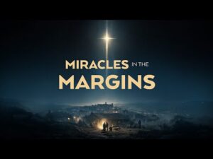 A bright cross-shaped light shines in the night sky over a distant town with people gathered below. Text reads: "Miracles in the Margins.